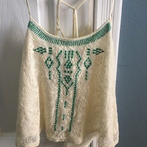 Cream lace tank top with teal Aztec designs
